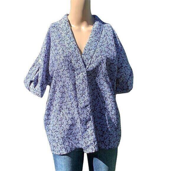Michael Kors Womens Blouse Top Floral Silky V Neck Pullover Blue White Small - Picture 1 of 6